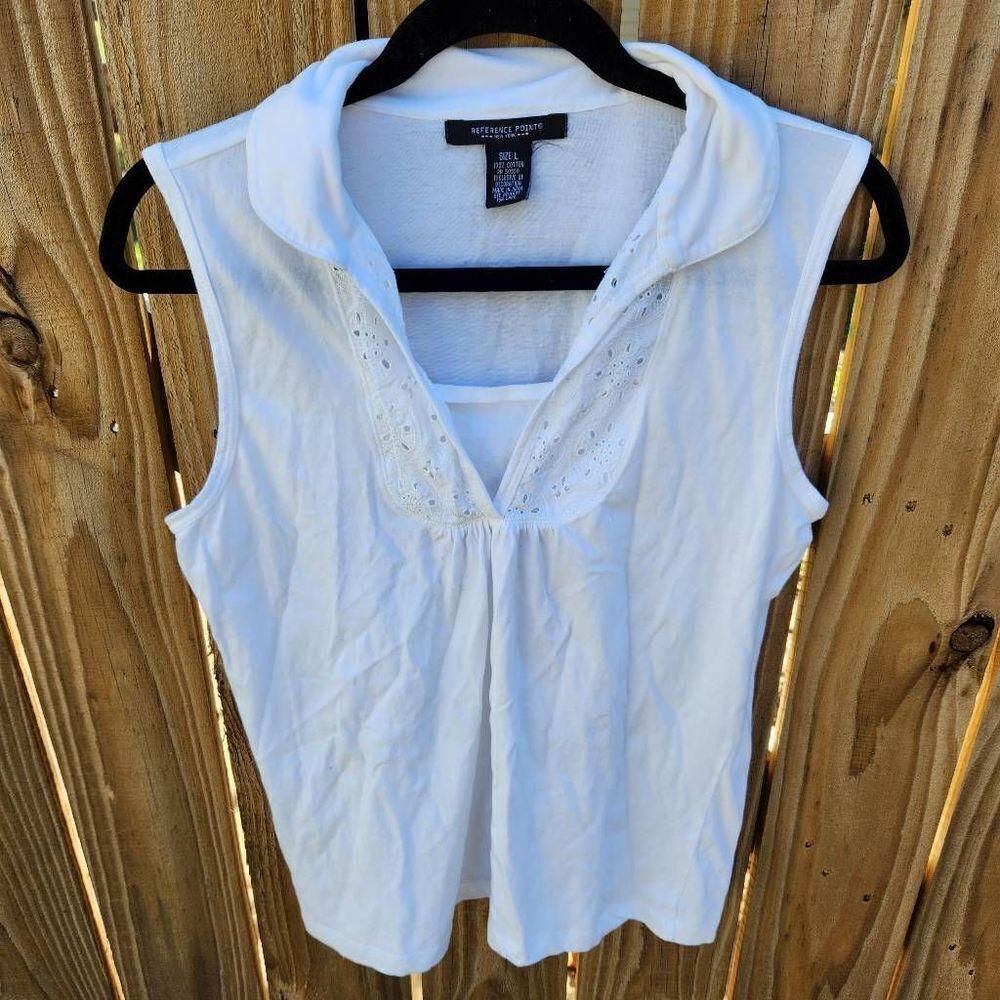 Reference Point White Sleeveless Polo Blouse Eyelet Neckline Women's Large